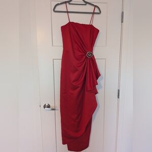Chic Asymmetrical Red Dress with Embellishment